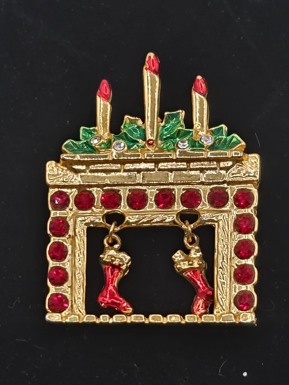 Gold-Tone Holiday Fireplace Pin with Red & Green Accents Brooch